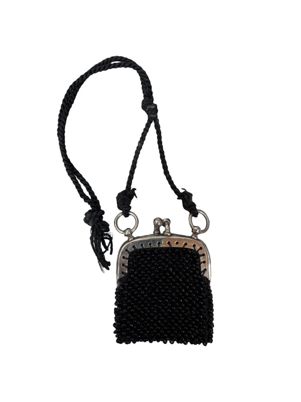 Vintage Black Beaded Coin Purse Kiss lock Mini Art Deco Frame Long Braided Strap